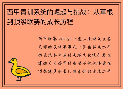 西甲青训系统的崛起与挑战：从草根到顶级联赛的成长历程