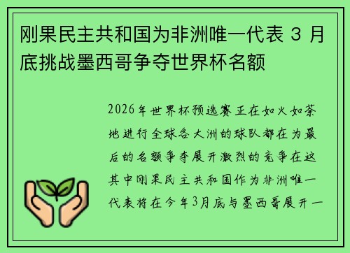 刚果民主共和国为非洲唯一代表 3 月底挑战墨西哥争夺世界杯名额