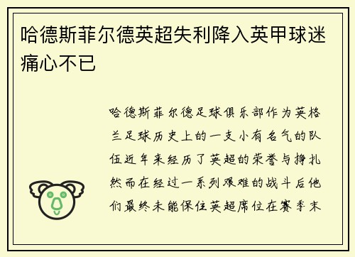 哈德斯菲尔德英超失利降入英甲球迷痛心不已