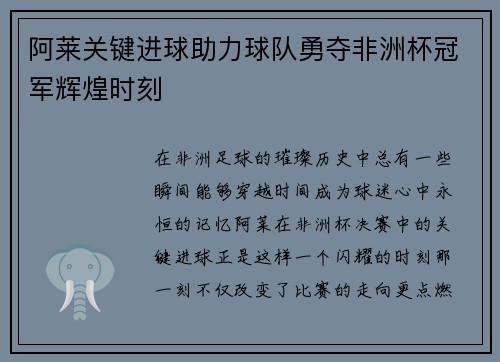 阿莱关键进球助力球队勇夺非洲杯冠军辉煌时刻