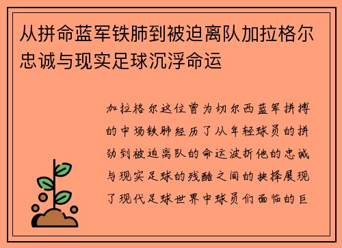 从拼命蓝军铁肺到被迫离队加拉格尔忠诚与现实足球沉浮命运 从拼命蓝军铁肺到被迫离队加拉格尔忠诚与现实足球沉浮命运